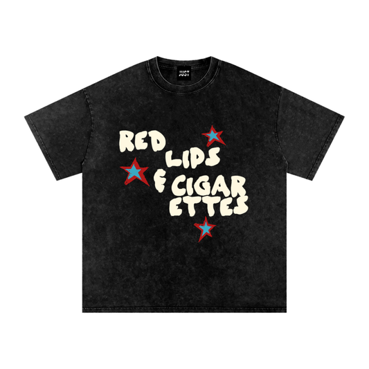 Red Lips & Cigarettes Snow Washed Oversized Cotton T-Shirt